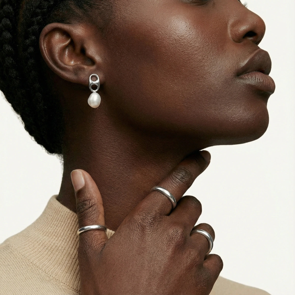 Pearl Circle Drop Studs – worn on model
